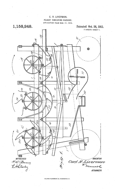 C. R. Livermon's "Peanut-threshing machine," Patent drawing publication Number US1158248 A, publication date October 26, 1915.  Presented by Google Patents. 