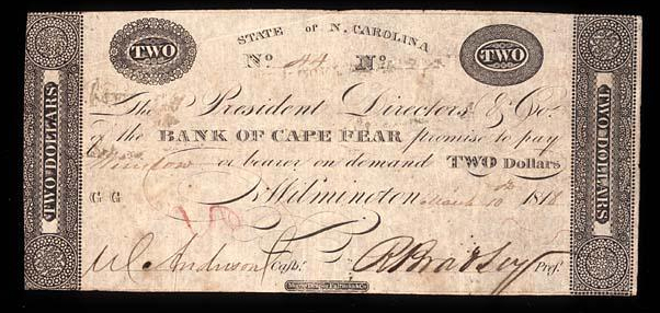 Photograph of a note drawn on the Bank of Cape Fear, circa 1818.  John London was president of the bank in Wilmington from 1811 to 1816.  Image courtesy of the North Carolina Museum of History. 