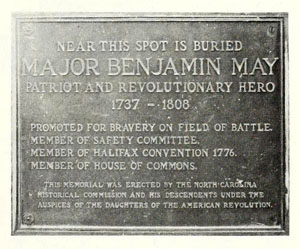 Photograph of plaque dedicated to Major Benjamin May, Farmville, N.C. The plaque was dedicated circa 1925 by the N.C. Historical Commission and the Daughters of the American Revolution. From  <i>Farmville's 100th Anniversary</i>, p. 3, published April 1972 by the Farmville Area Centennial Corporation.  Presented on Archive.org. 