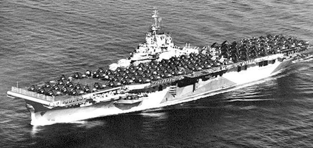 Photograph of the U.S. Navy aircraft carrier <i>USS Bennington</i>, circa 1944.  James O. Moore served on the ship during World War II.  Image from the US Navy at Navy.mil. 