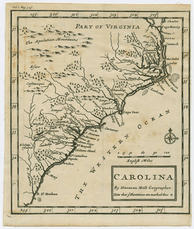 "Carolina," by Herman Moll Geographer, circa 1708.  Map of Carolina showing portions of Virginia, Item CM912, North Carolina Collection, University of North Carolina.  Presented on North Carolina MAPS online. 