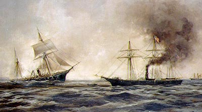 A painting by Xanthus Smith of the battle between the CSS Alabama and the USS Kearsage, showing the Alabama sinking. Image from the U.S. Navy.