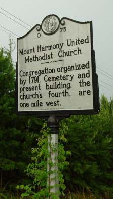 Asbury helped establish Mount Harmony United Methodist Church in 1791. N.C. Highway Historical Marker O-75.