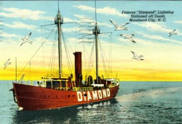 "Famous "Diamond" Lightship Stationed off Coast, Morehead City, N.C." ca. 1948 Image courtesy of the North Carolina Collection, UNC Libraries. 