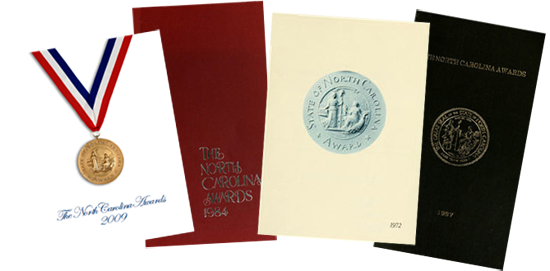 Four North Carolina Awards programs.  From right to left: A white program with an image of a gold medal hanging on a red, white, and blue ribbon. A red program reading "The North Carolina Awards 1984" in gold foil. A cream colored program with an image of medal that reads "The North Carolina Awards." A black program with "The North Carolina Awards 1985" and the state seal in gold foil.