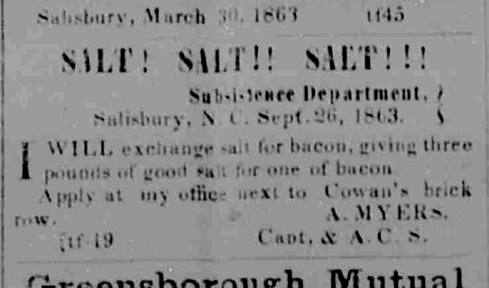 Advertisement for salt from the November 30, 1863 issue of the Carolina Watchman, a weekly and semi weekly newspaper from Salisbury, North Carolina.