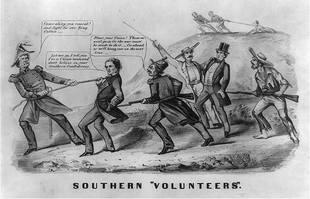  "The print may have appeared soon after the Confederate Congress passed a national conscription act on April 16, 1862, to strengthen its dwindling army of volunteers...." Courtesy of Library of Congress.