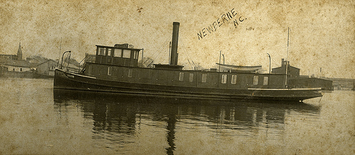 Tug boat "Lillie" in New Bern, NC, early 1900s. From the Dughi Family Photo Collection, PhC.166, North Carolina State Archives, call #:  PhC_166_5.