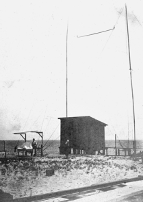 One of Reginald Fessenden's “apparatus shelters” and wire antennas erected at Manteo and Cape Hatteras. Courtesy of North Carolina Office of Archives and History, Raleigh.