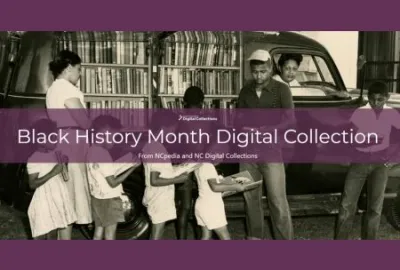 Black History Month Digital Collection text across a photo of bookmobile with African American children reading next to it.