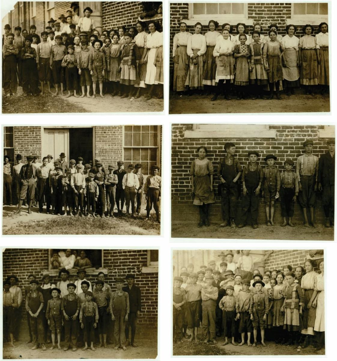 Six black and white photos of children who worked at the Clayton Cotton Mill. 