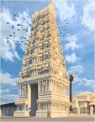 A large Hindu temple. It is cream colored and birds circle its tower while it sits against a blue sky with the temple complex in the background.