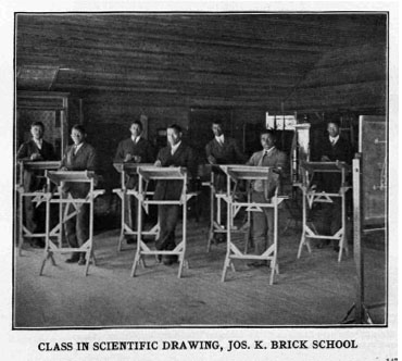 Image of scientific drawing class at the Brick School, ca. 1910. From <i>Era of progress and promise, 1863-1910 : the religious, moral, and educational development of the American Negro since his emancipation</i>. The Clifton Conference. Boston: Priscilla Publishing Co., 1910. From the collection of the N.C. Government & Heritage Library.