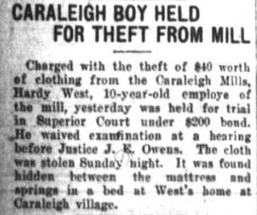 Newspaper article about 10-year-old boy employed at Caraleigh who was caught stealing items.