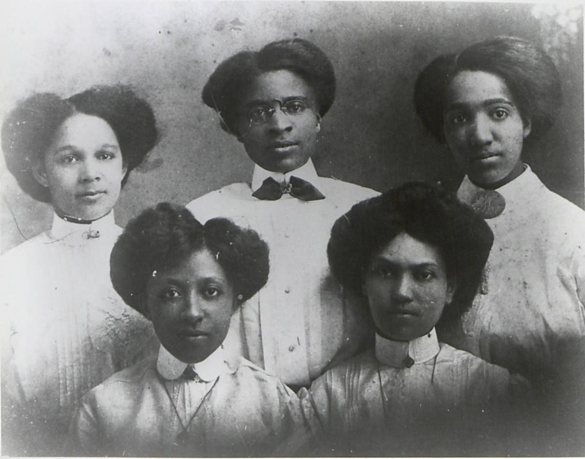 Photograph of five teachers from the Palmer Institute, ca. 1900. From the Charlotte Hawkins Brown Museum, in the NC Digital Collections.