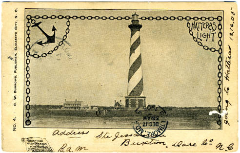 Postcard image of Hatteras Lighthouse, ca. 1905. From NC Postcards, UNC-Chapel Hill.