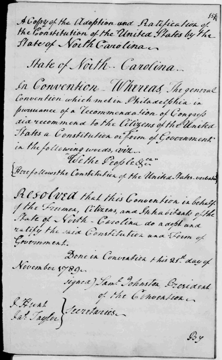 Handwritten black text on white paper; Begins with &quot;A Copy of the Adoption and Ratification of the Constitution of the United States by the State of North Carolina ...&quot; 