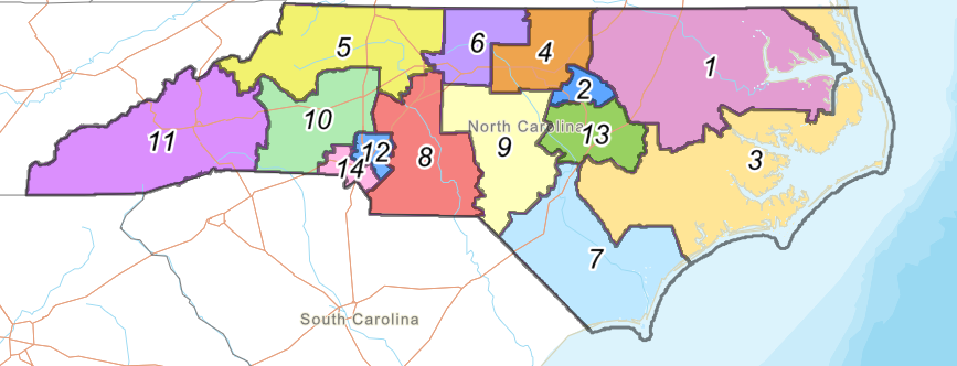 Map of North Carolina congressional districts, 2022.