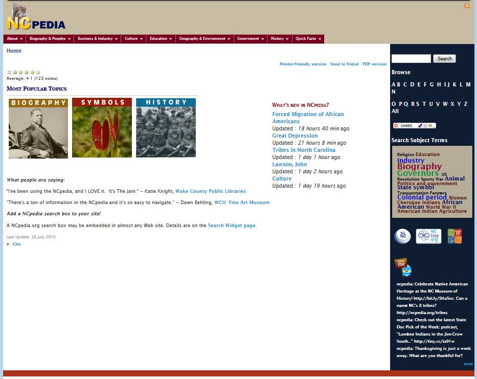 Snapshot of the NCpedia homepage from the very beginning in 2010, from the Wayback Machine.