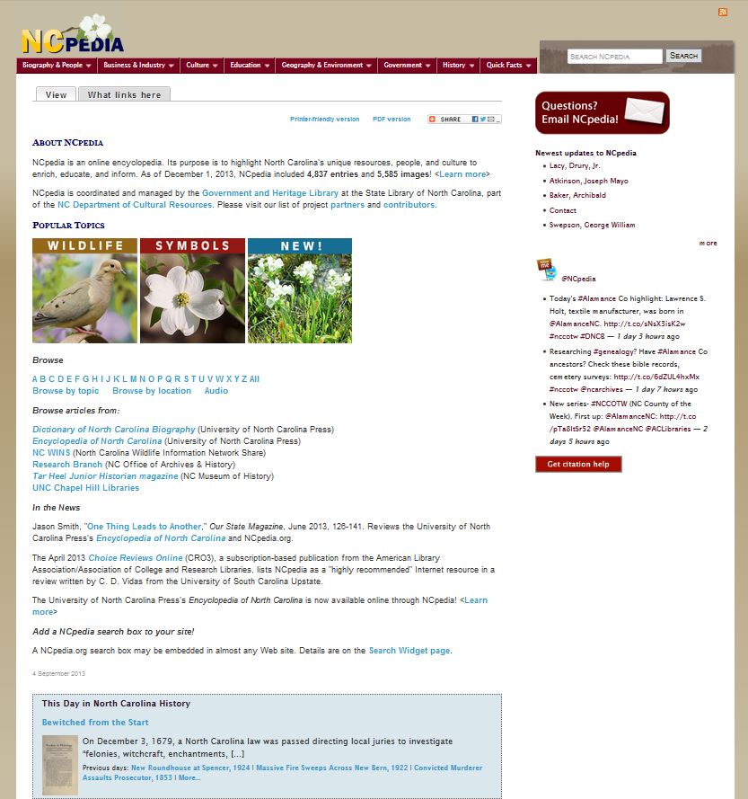 Snapshort of the NCpedia homepage, from the Wayback Machine, December 2013.