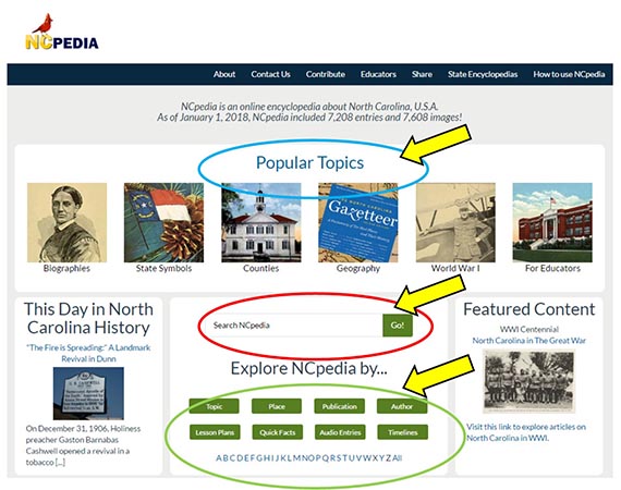 NCpedia home page search features