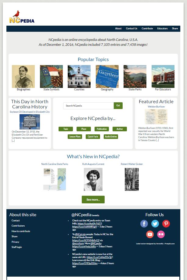 Snapshot of the redesigned NCpedia site homepage, December 2016.