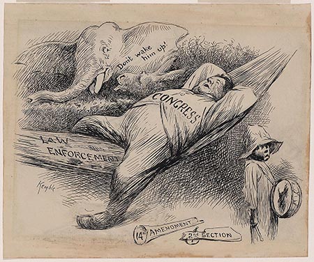 This is an image of a cartoon. Cartoon shows Congress as a fat man asleep in a hammock labeled "Law Enforcement." A broken blunderbuss, labeled "14th Amendment, 2nd Section," lies at his feet. A small black boy walks by holding a drum, but an elephant cautions, "Don't wake him up!" 