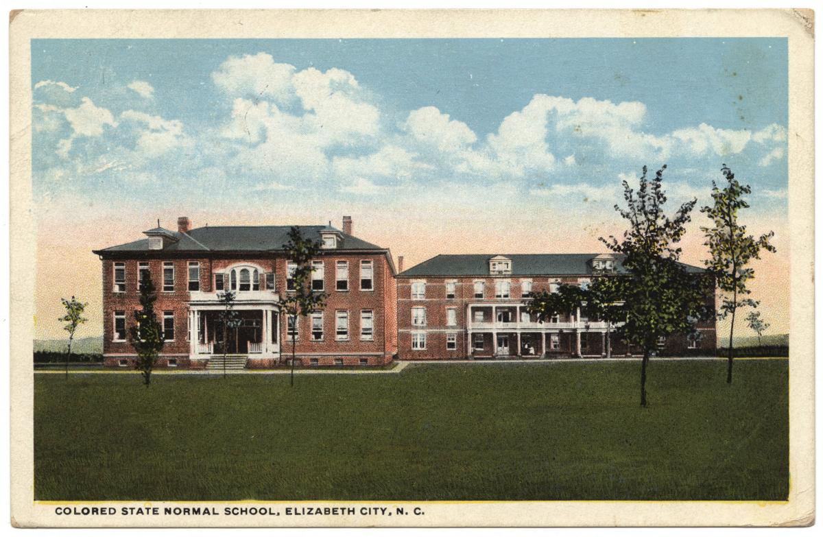 Color postcard showing two brick buildings at the Colored State Normal School in Elizabeth City, N.C.