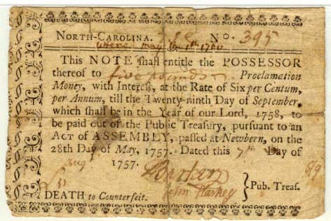 Five pound treasury note from 1757