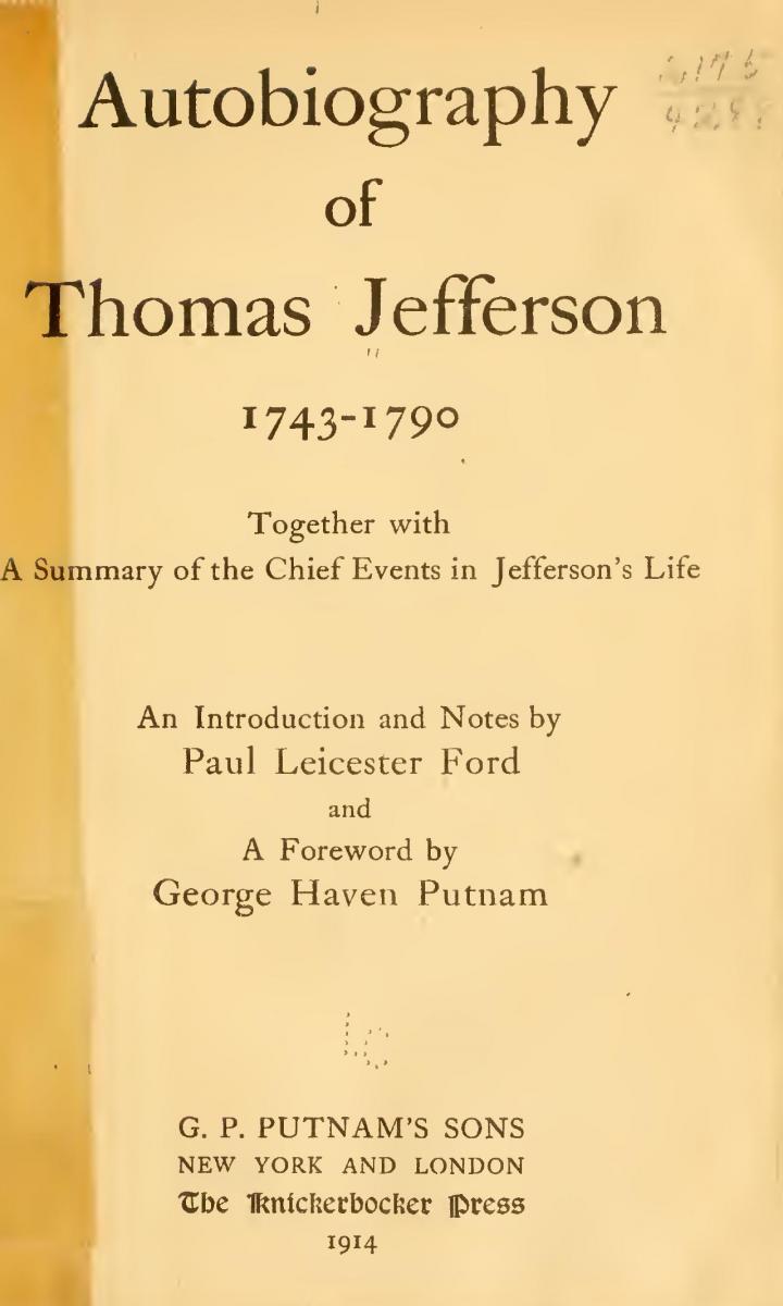 This is an image of the title page of the Autobiography of Thomas Jefferson: 1743-1790