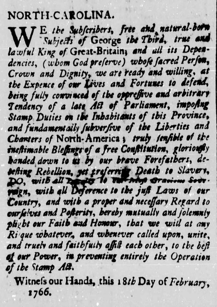 Image of excerpt from the North-Carolina Gazette, February 26, 1766, showing the pledge of those who vowed to refuse to the pay the stamp tax. From the collection of the State Archives of N.C.
