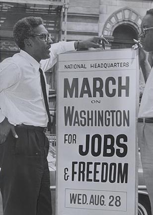 This is a photograph of Bayard Rustin, civil rights activist, from the 1963 March on Washington. From the Library of Congress.