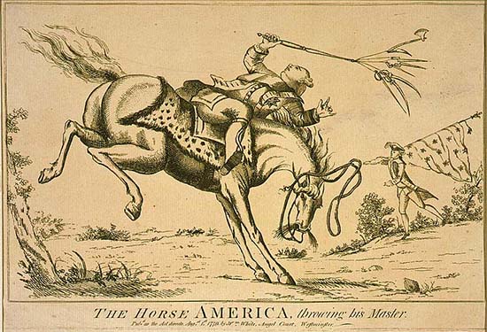 This is an image of a 1779 print showing a horse throwing its master. The horse represents America and the master is King George III. Image is available online through the Library of Congress.