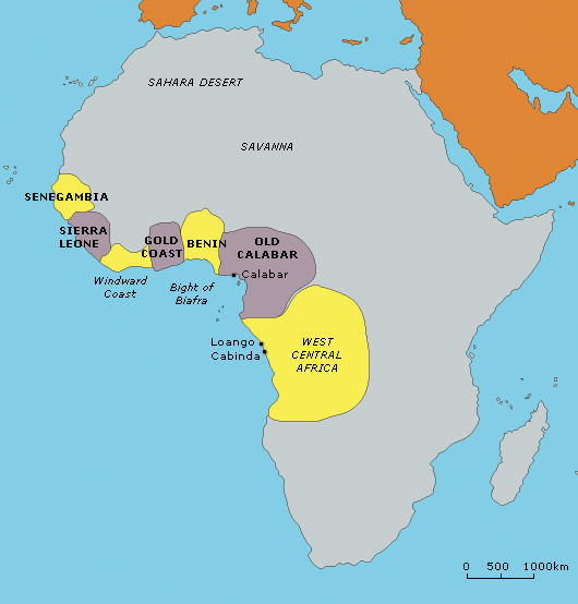 Map illustrating the major African regions that contributed to the transatlantic slave trade in the 17th and 18th centuries.