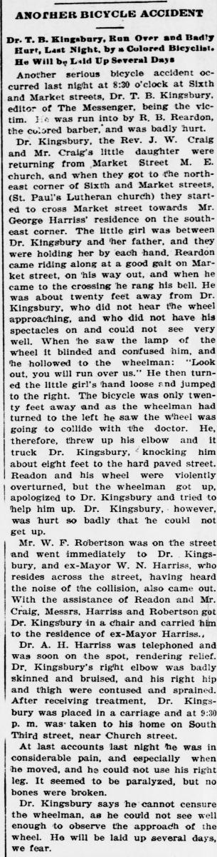 "Another Bicycle Accident" article as it was printed in Wilmington's Semi-Weekly Messenger. Click here for a view of the entire newspaper page, courtesy of Library of Congress' Chronicling America. 
