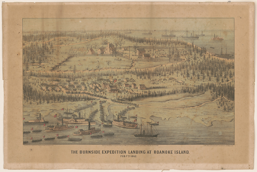 Illustrative print of the Burnside Expedition landing at Roanoke Island on February 7, 1862.