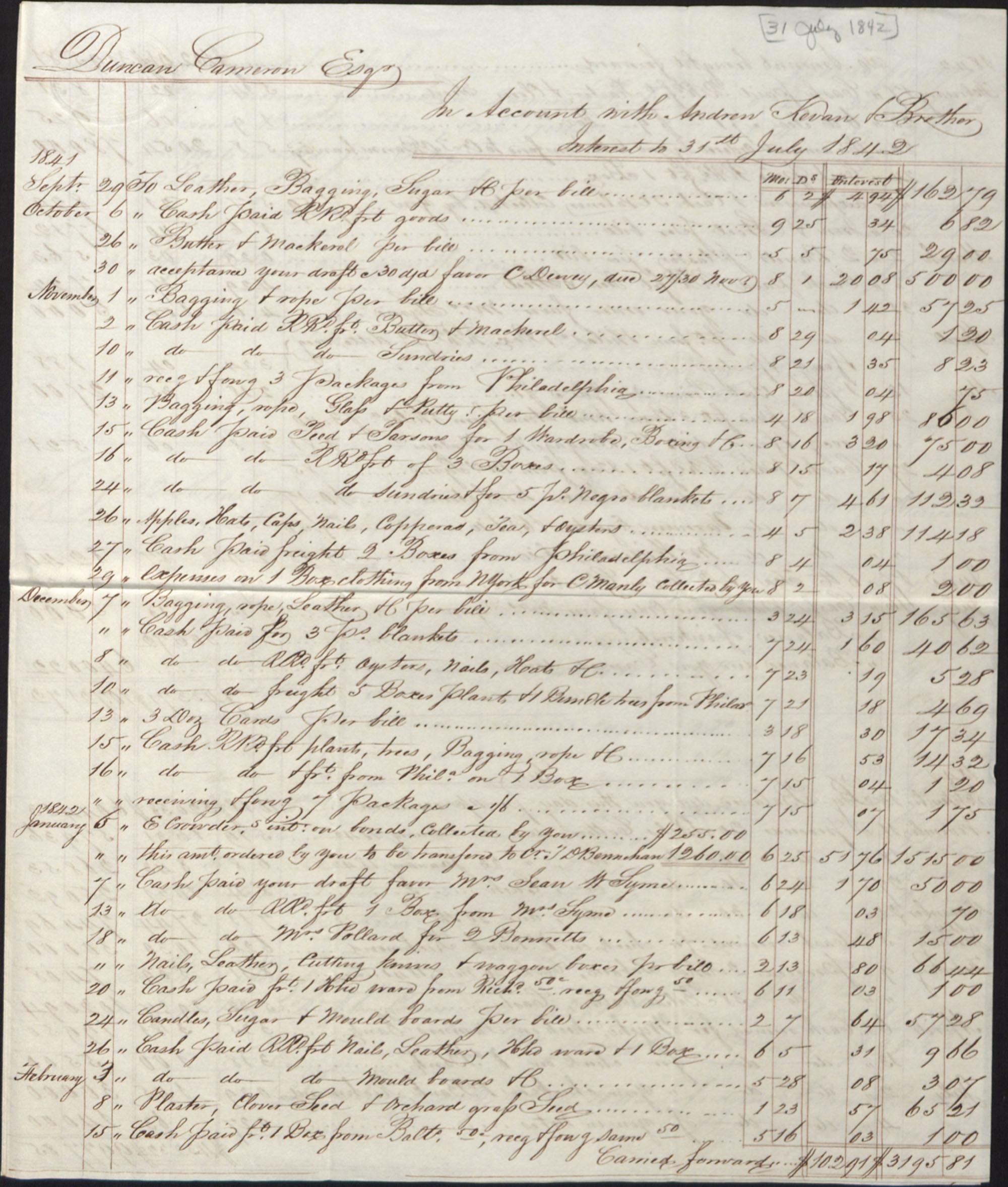 Page from Duncan Cameron's Account Book