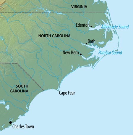 By 1729, there were settlements on each of North Carolina's major river systems. But the biggest settlements, on the Albemarle and Pamlico Sounds, were a long way from South Carolina's major settlement of Charles Town (Charleston). Map shows Edenton, Bath, New Bern, Cape Fear, and Charles Town (Charleston) in relation to the Albemarle and Pamlico Sounds.