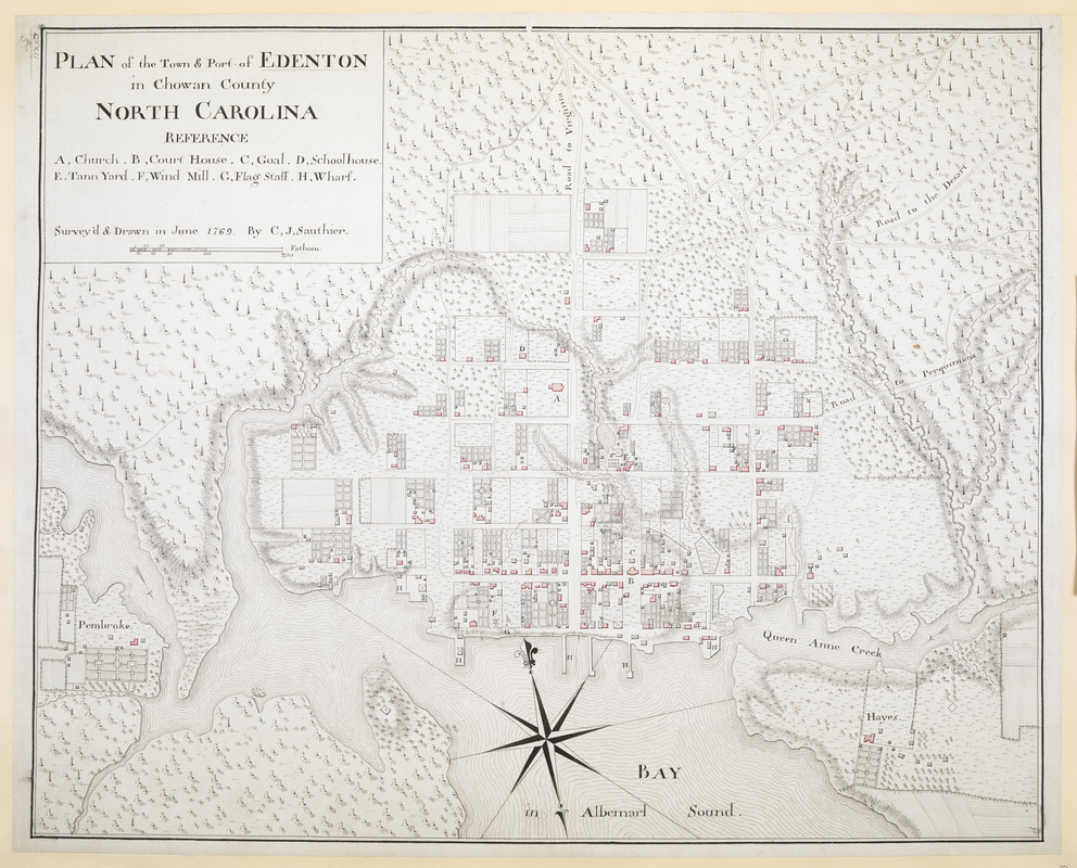 Tryon commissioned this map, "Plan of the Town & Port of Edenton in Chowan County North Carolina" to be drawn in June 1768 by C.J. Sauthier. Click here for a larger version.