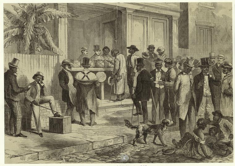 An 1867 engraving depicting freed African American men voting in New Orleans just after the Civil War.