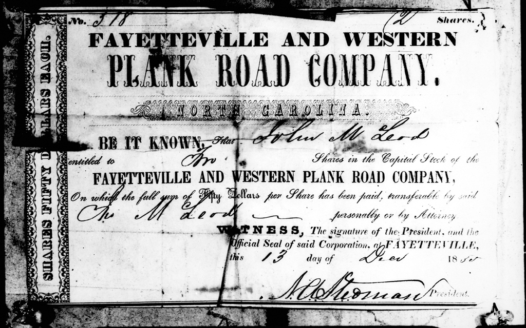 A share certificate from the Fayetteville and Western Plank Road, worth $50.