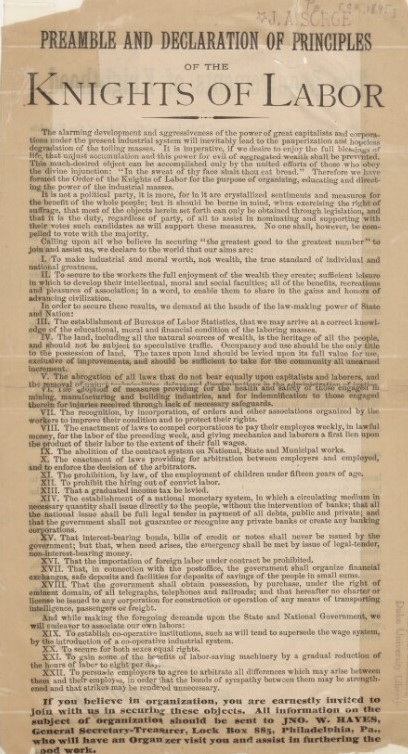 A broadside with the Knights of Labor preamble and declaration of principles.