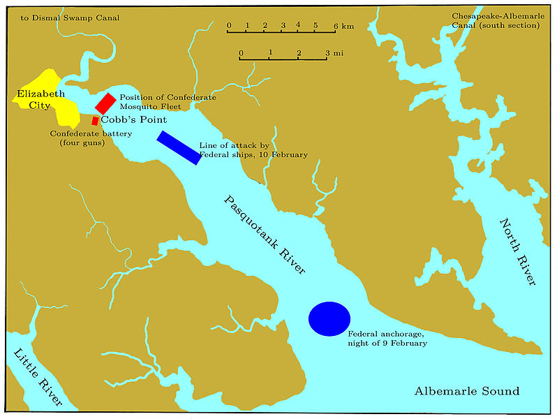 Map depicting the Battle of Elizabeth City which began on the Pasquotank River. 