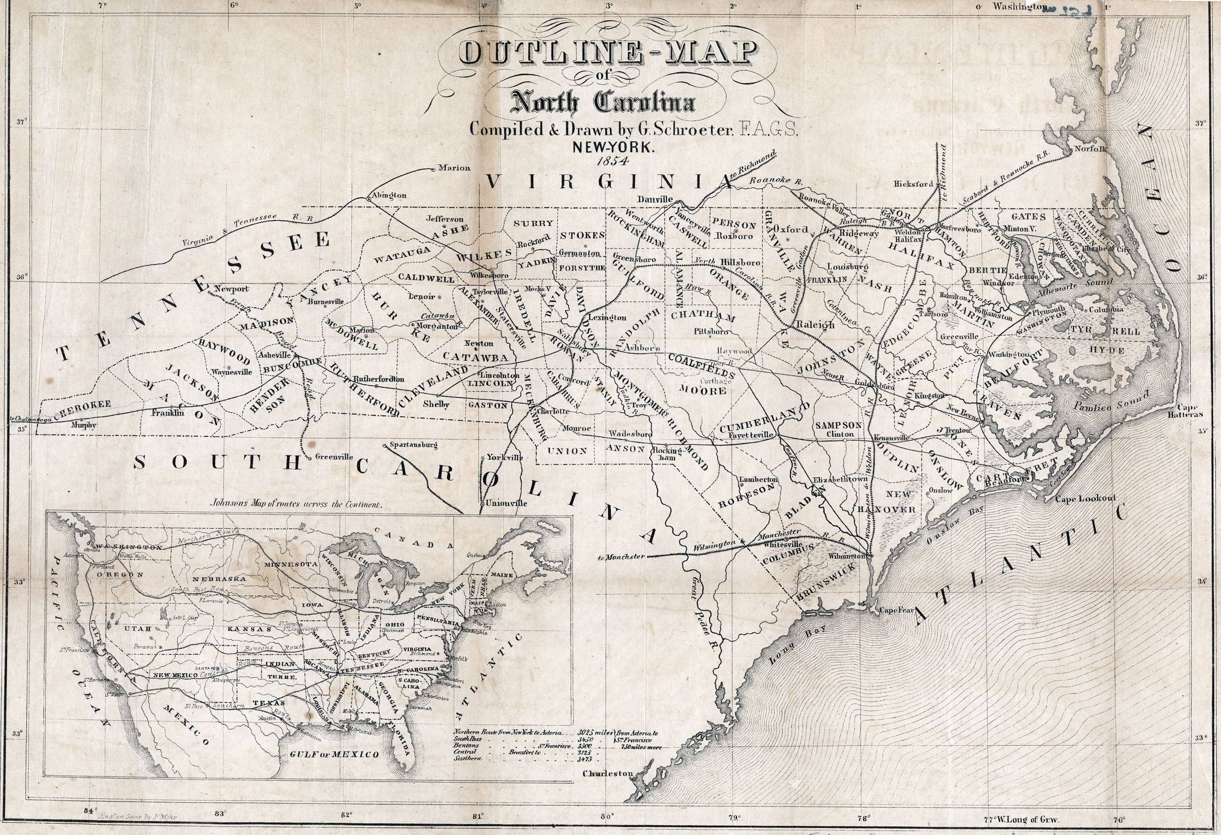 Map of North Carolina railroads, 1854