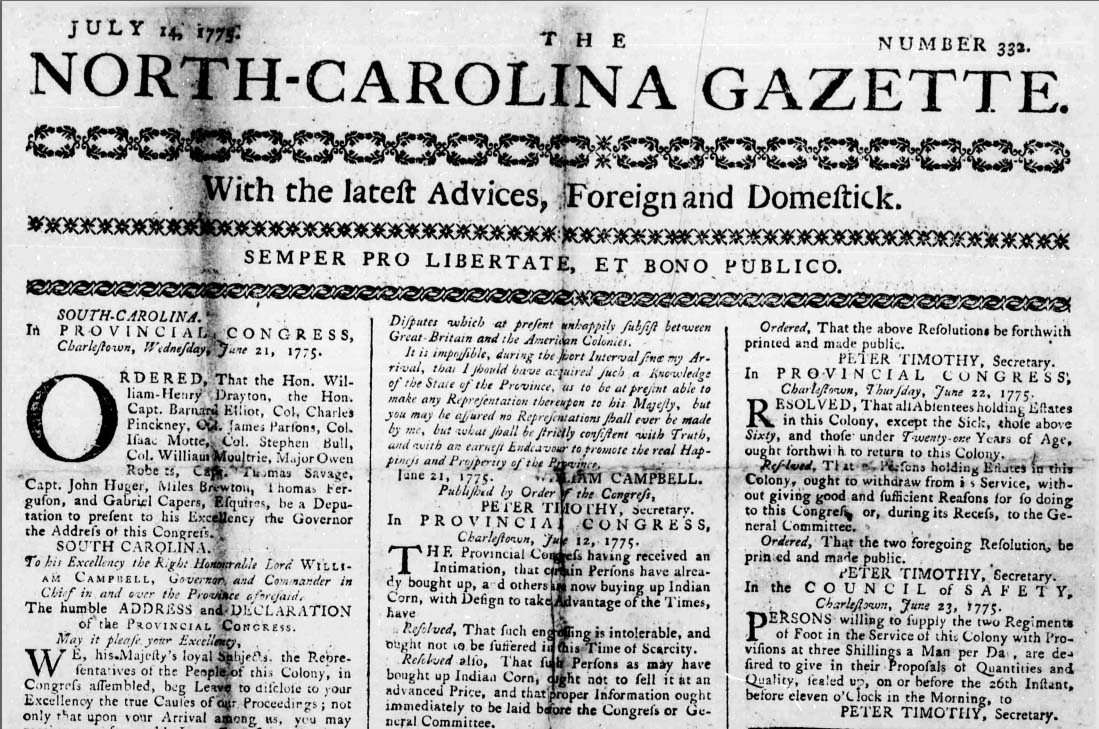 Image of the front page of the North Carolina Gazette