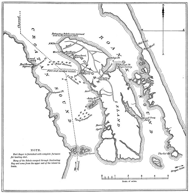Map of Roanoke Island and Croatan Sound, showing the Confederate forts and the dispositions of the Federal and Confederate fleets, 7 February 1862.