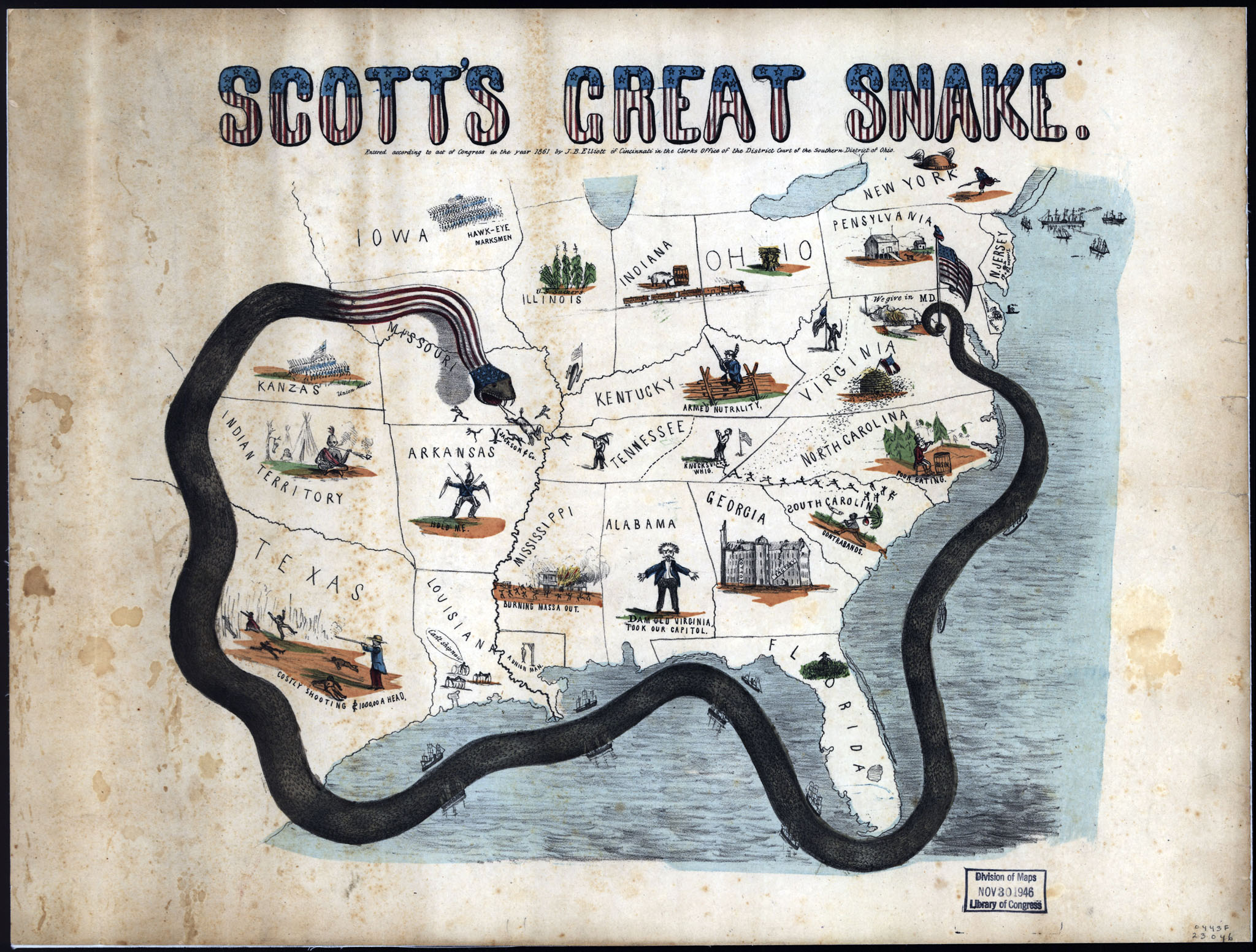 Cartoon map illustrating Gen. Winfield Scott's plan to crush the Confederacy, economically. It is sometimes called the "Anaconda plan." The cartoon is titled "Scott's Great Snake."