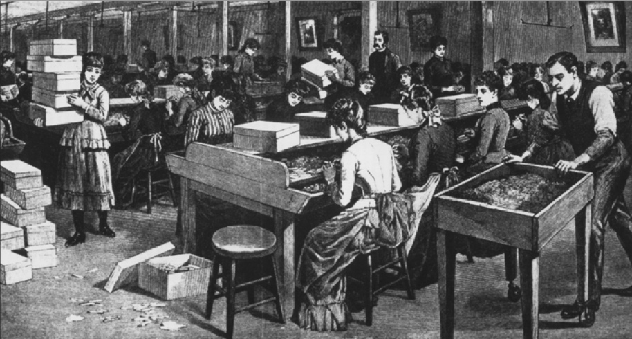 Illustration of women rolling tobacco in a factory, with a man walking by with a cart full of tobacco.