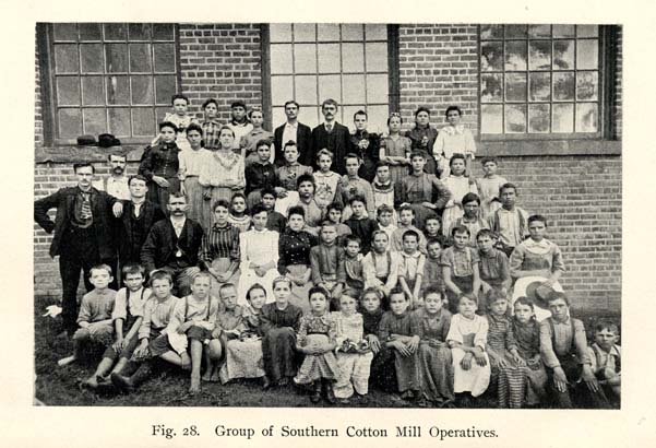 A "Group of Southern Cotton Mill Operatives" poses for an 1899 textbook about cotton mill operations.