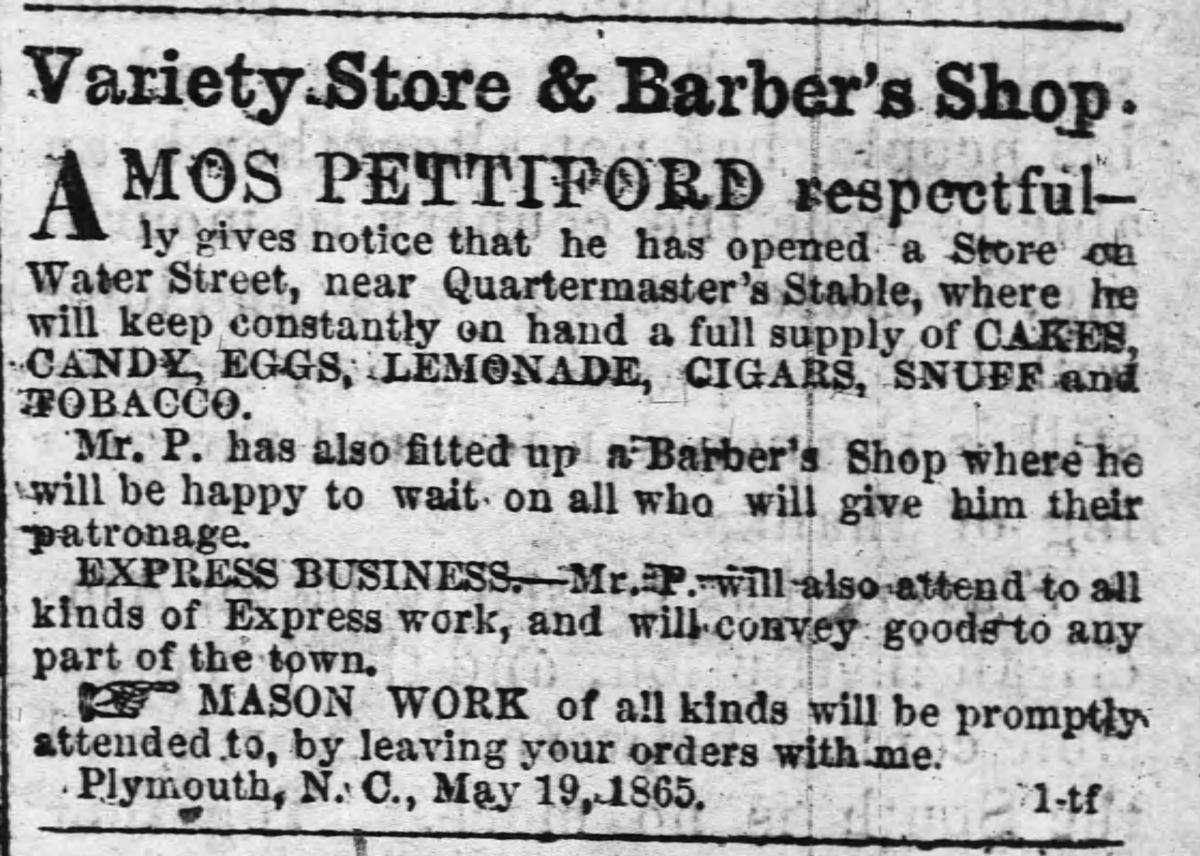 "Amos Pettiford's Variety Store & Barber Shop," clipping of advertisement in The Old Flag, published in May 1865.
